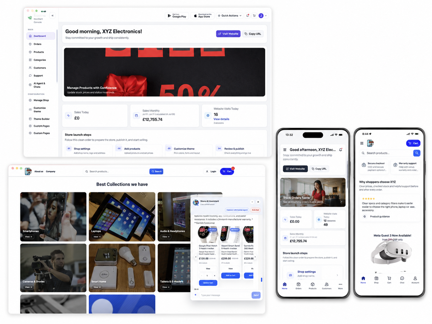 Ecomz platform merchant dashboard with branded storefront, AI assistant, and shop mobile apps